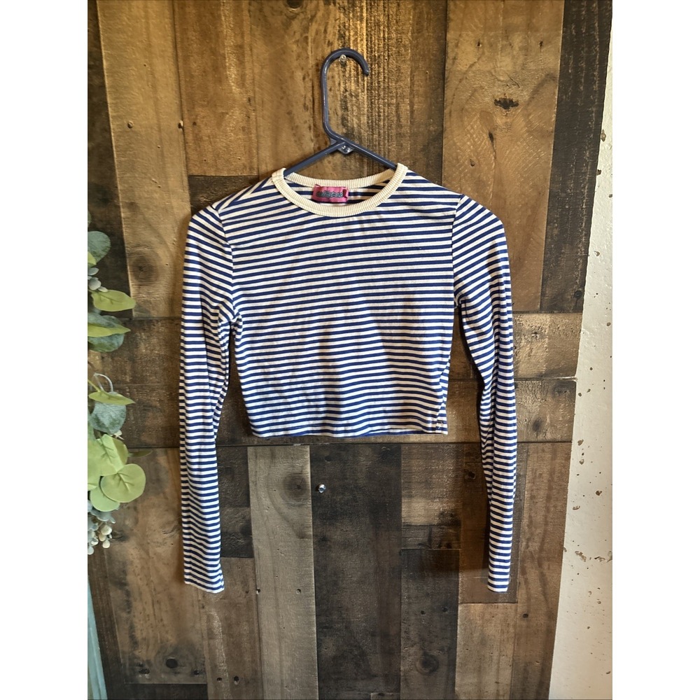 Edikted Shirt Womens XS Blue White Striped Cropped Long Sleeve Tee Top